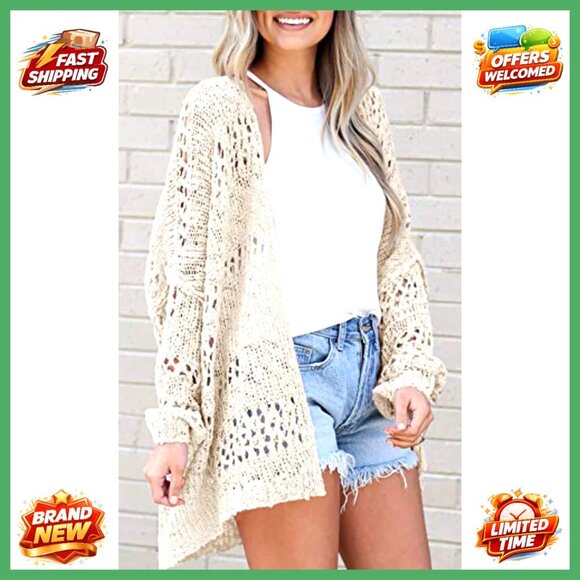 Crochet Cardigan Sweater Oversized Boho Open Front Kimono Lightweight Knit - Picture 2 of 7